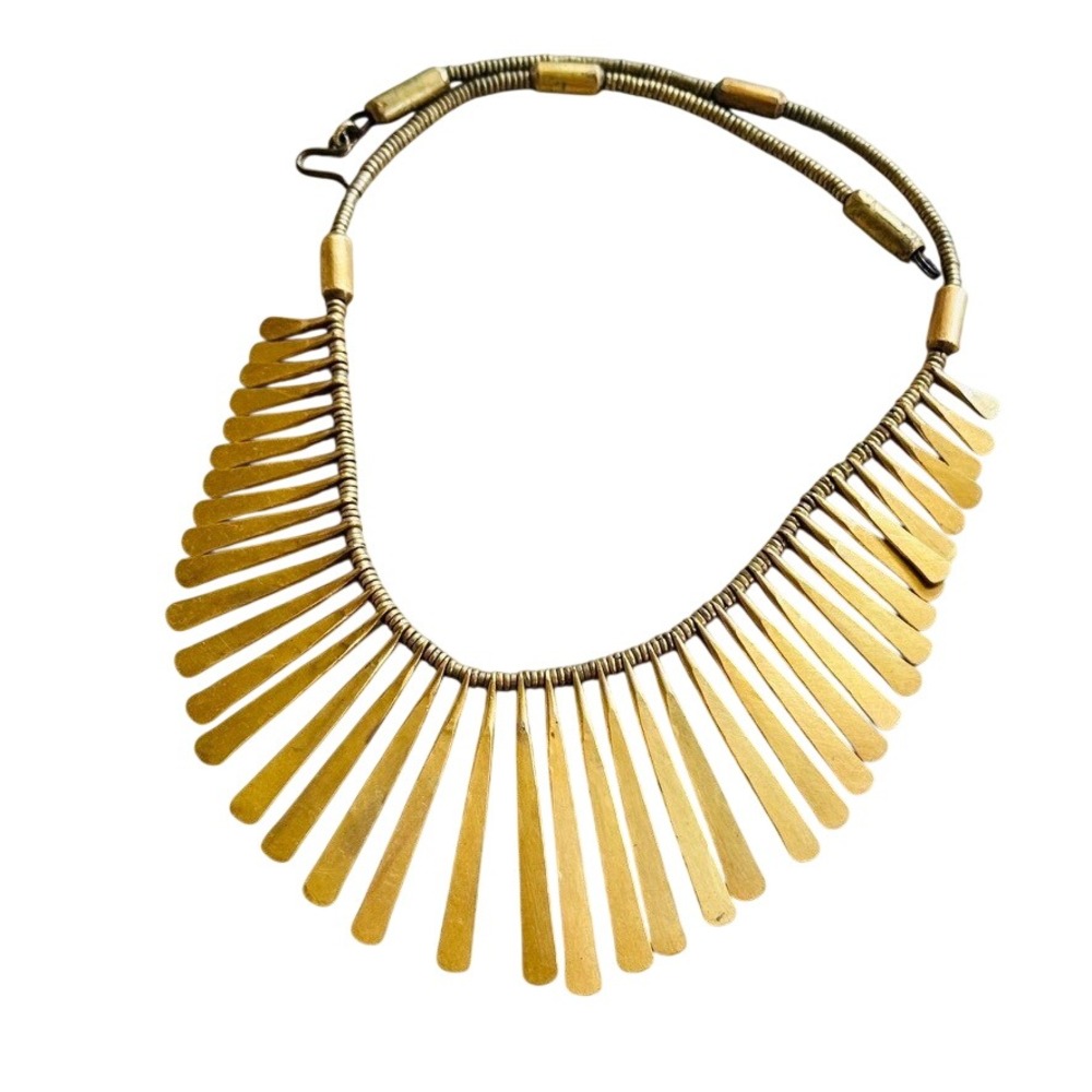 VTG‎ Regal Collar Textured necklace Egyptian Style Runway Statement Brass chunky